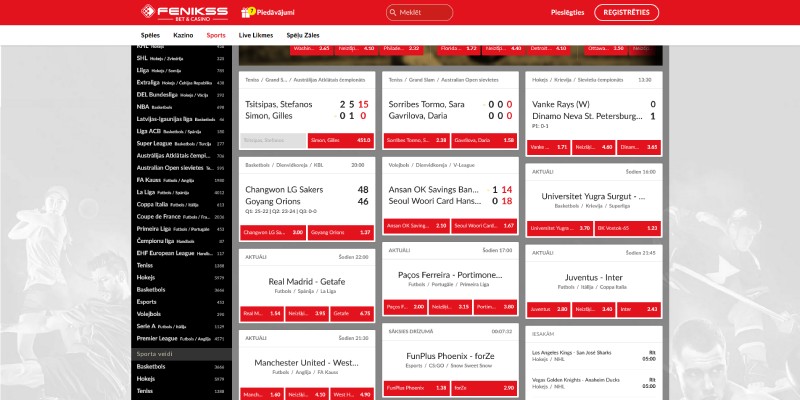 Fenikss Casino populārāko sporta veidu likmes